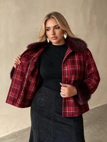 Auralis Christmas Plaid Wool Print Slim Fit Patchwork Fur Collar Jacket/Plus Size Long Sleeve Autumn/Winter Vintage Jacket - Red - View 7