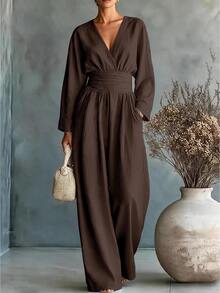 Breezaya Plus Size Women Elegant Casual Solid Color V-Neck Cinched Waist Straight Leg Long Sleeve Jumpsuit, Asymmetrical Minimalist Design With Multi-Functional Pockets, Suitable For Daily Wear, Commuting, Dating And Gathering - Coffee Brown - View 1