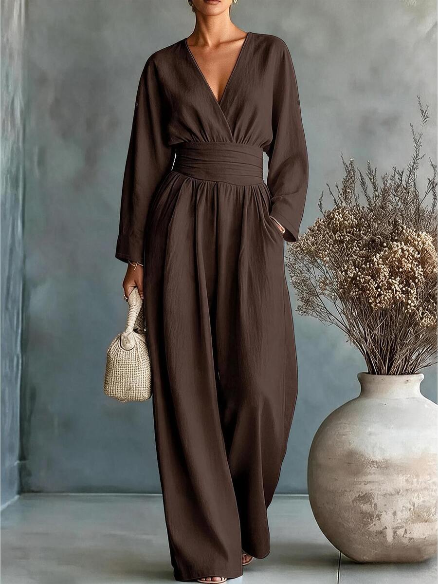 Breezaya Plus Size Women Elegant Casual Solid Color V-Neck Cinched Waist Straight Leg Long Sleeve Jumpsuit, Asymmetrical Minimalist Design With Multi-Functional Pockets, Suitable For Daily Wear, Commuting, Dating And Gathering - Coffee Brown - View 1