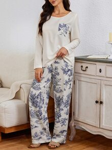Serenescape Vacation Style Printed Long Sleeve Set, Spring/Autumn Thin Crew Neck Casual Loose Loungewear - White - View 6
