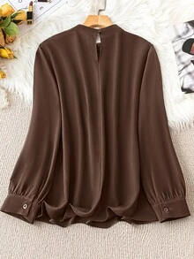 SHEIN Clasi 大尺碼復古時尚百褶長袖襯衫，適合辦公與通勤 - 棕色 - 查看 2