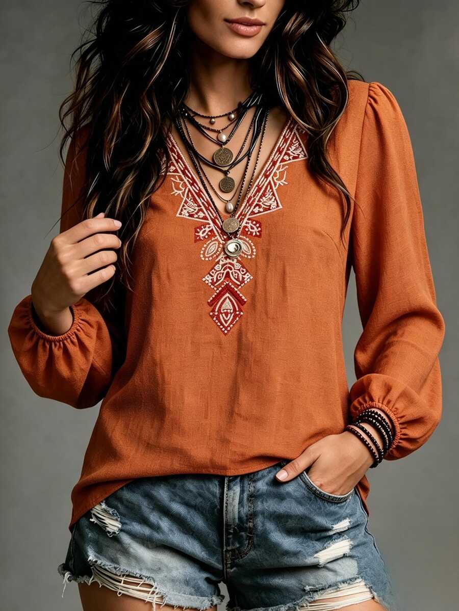 SHEIN Women's Casual Loose Design Button-Down Long Sleeve Shirt With V-Neck And Geometric Embroidery Pattern, Suitable For Dates, Vacations, Parties, Daily Outings, Gatherings, Outdoor Activities - Orange - View 1