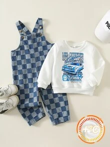 SHEIN 2件組男嬰復古賽車風秋季運動衫格子吊帶褲套裝，格子運動衫套裝，嬰兒服飾，賽車風套裝 - 彩色 - 查看 3