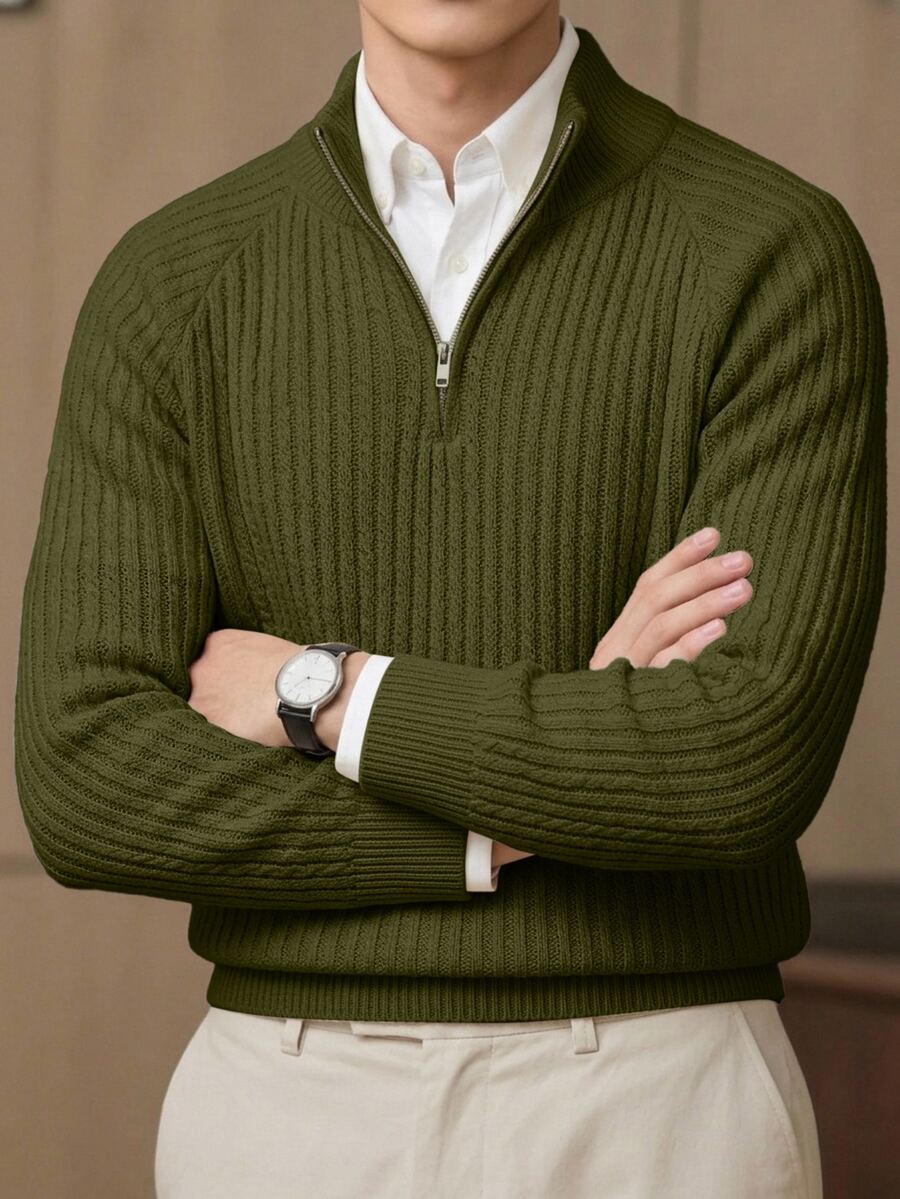 Claim Dot Men's Solid Color Half-Zip Design Fashion Casual Sweater - Army Green - View 1