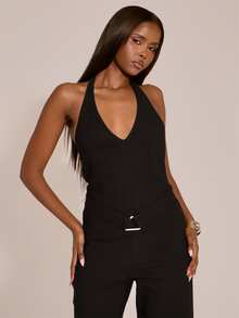MUSERA Plunge Front Halterneck Belted Waist Fitted Sleeveless Low Back Jumpsuit Sexy Evening Night Going Out Fall Winter Autumn Solitude - Black - View 5
