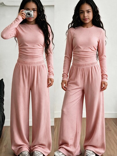 SHEIN Sparklyn Tween Girls 2 Pieces Outfits Set Pink Slim Fit Long Sleeve T-Shirt And Textured Knit Wide Leg Loose Pants Casual Streetwear