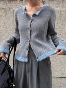 FRIFUL Women's Autumn Contrast Color Slimming Cardigan - Grey - View 7