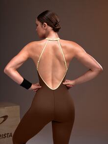 Powerista Women's Backless Halter Colorblock Fitted Sports Jumpsuit - Brown - View 4
