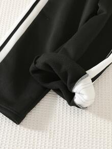 SHEIN 兒童小男孩側邊裝飾黑白對比運動長褲 - 黑色 - 查看 6