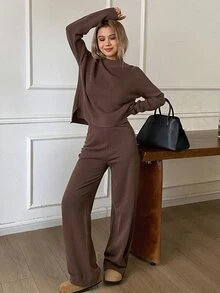 DAZY Autumn/Winter High Neck Coffee Color Solid Knit Loose Lazy Casual Home Wear Matching Wide Leg Pants Women's Sweater 2 Pieces Set - Brown - View 4