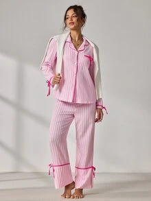 EverLounge Women's Pink & White Vertical Striped Bowknot Long Sleeve Single-Breasted Top And Elastic Waist Long Pants Pajama Set - Pink - View 4