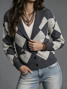 SHEIN Women's Diamond Pattern Long Sleeve Single-Breasted Casual Knit Cardigan - Multicolor - View 3