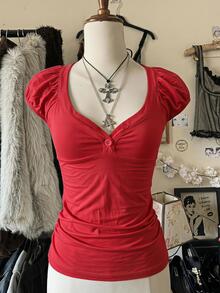 Attitoon Women's Solid Color Pleated Short Sleeve Button Waist Cinched Casual T-Shirt - Red - View 8