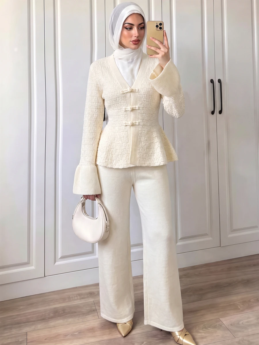 SHEIN Women's V-Neck Button Asymmetrical Hem Long Sleeve Sweater And Casual Wide Leg Loose Pants 2 Pieces Set - White - View 1
