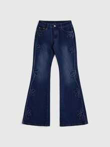 ROMWE Hippie Women's Vintage 3D Floral Washed Mermaid Tail Denim Jeans, Autumn/Winter - Multicolor - View 1
