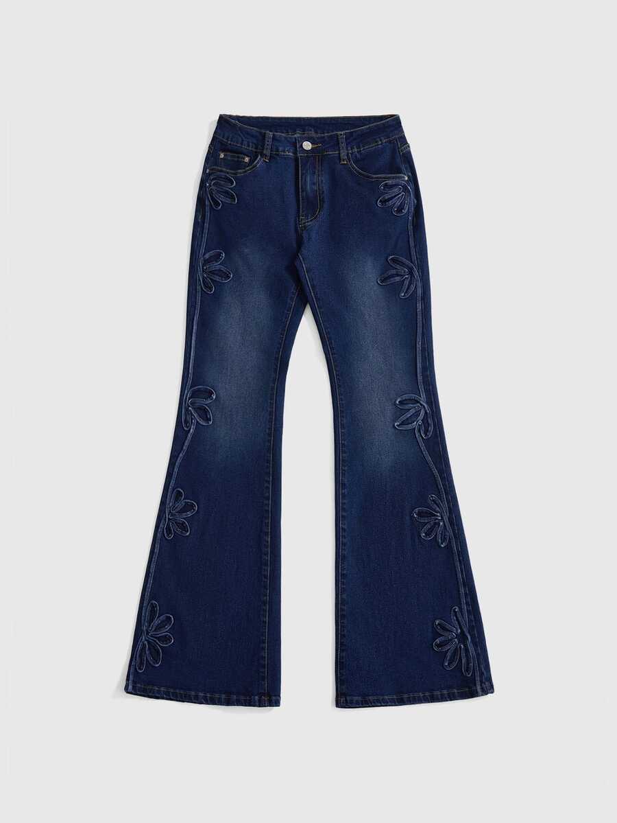 ROMWE Hippie Women's Vintage 3D Floral Washed Mermaid Tail Denim Jeans, Autumn/Winter - Multicolor - View 1
