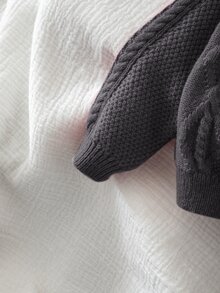 SHEIN 女童純色針織圓領花瓣袖休閒開襟外套 秋冬毛衣 - 灰色 - 查看 8