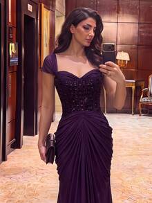 Aureia 女款優雅彈性針織網紗魚尾裙擺洋裝，適合正式婚禮 - 深紫色 - 查看 1