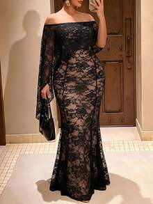 Cravure Plus Size Cold Shoulder Ruffle Floral Lace Mermaid Long Dress, Transparent Cape Sleeve Slim Fit Elegant Evening Party Gown - Black - View 6