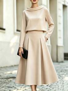 SHEIN 2 Pieces Shirt & Skirt Set, Elegant Office Fashion Shirt Paired With High-Waist Flared Skirt, Showcasing Business Style, Suitable For Commuting, Office, Daily Wear, Apricot Color - Apricot - View 1