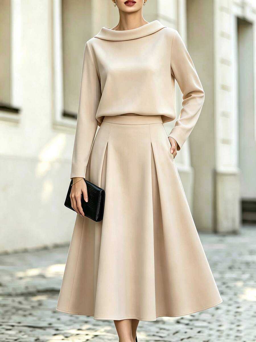 SHEIN 2 Pieces Shirt & Skirt Set, Elegant Office Fashion Shirt Paired With High-Waist Flared Skirt, Showcasing Business Style, Suitable For Commuting, Office, Daily Wear, Apricot Color - Apricot - View 1