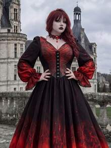 Whyspr Plus Size Long Sleeve Vintage Gothic Hooded Halloween Dress - Multicolor - View 6