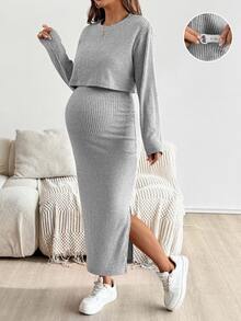 SHEIN 孕婦純色圓領短袖上衣與裙子兩件套 - 淺灰色 - 查看 1
