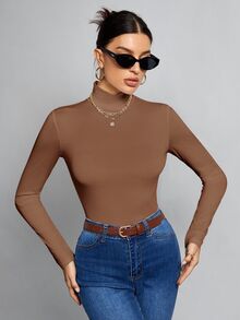 SHEIN Tall Simple Solid Color Slim High Collar White Top Suitable For Autumn And Winter - Mocha Brown - View 7