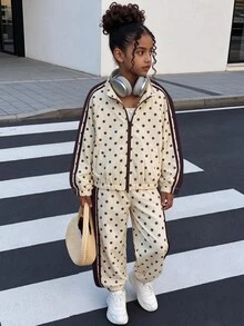 SHEIN Genkimix Kids 女童 4-7歲波點印花立領拉鍊夾克與慢跑褲 2件套，復古運動風春夏秋冬日常上學穿搭 - 杏色 - 查看 8