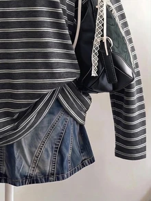 SHEIN EZwear 95%棉休閒極簡圖案對比色圓領長袖T恤，條紋T恤，秋季服飾，適合日常通勤、聚會、夏季、聖誕節、新年、感恩節、派對、婚禮、海灘、出遊、約會、情人節，優雅，度假，Y2K - 彩色 - 查看 4