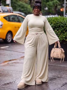 Slaydiva Beige 2 Pieces Set Plus Size Wide Leg Pants Outfit With Draped Batwing Sleeve Top And Criss-Cross Waist Design Wide Leg Long Pants Fall - Apricot - View 7