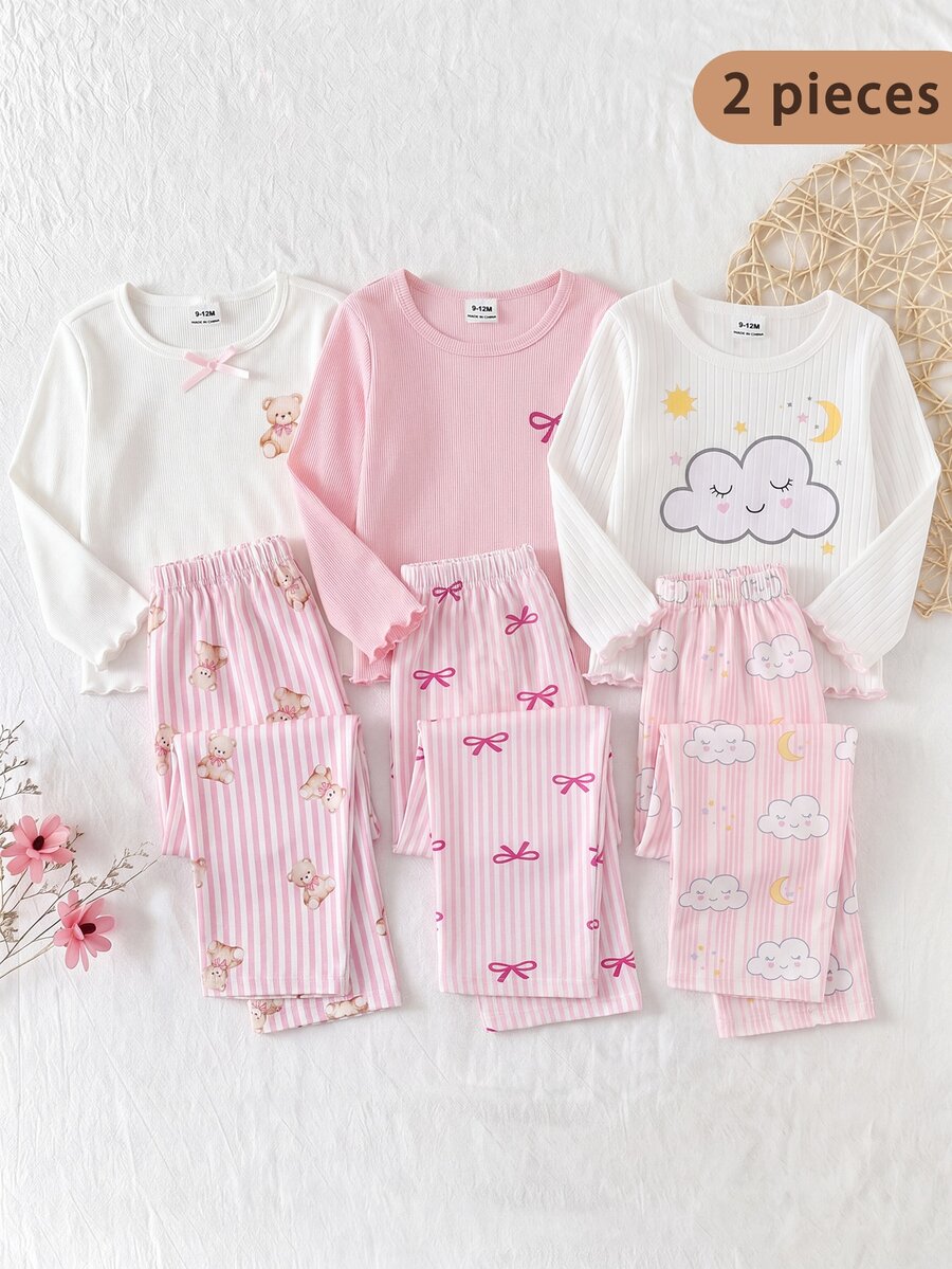 Baby Girl Round Neck Contrast Color Frill Trim Cloud & Star Print Ribbed Top With Ribbed Matching Print Pants Loungewear Set - Multicolor - View 1