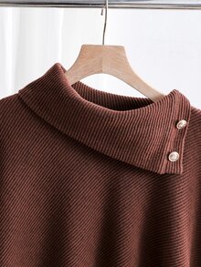 Elladie kids Tween女孩 春/秋/冬休閒T恤套裝，設計感不對稱套頭上衣搭配精緻鈕扣翻領，針織羅紋刷毛布料，咖啡棕純色長袖T恤上衣配咖啡棕休閒喇叭長褲，2件套，適合春/秋/冬返校季，優雅淑女風，極簡通勤，高級感穿搭，適用日常上學、外出、度假、派對 - 棕色 - 查看 5