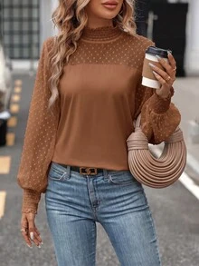 SHEIN Clasi 女款高領波點燈籠袖時尚休閒長袖上衣 - 棕色 - 查看 5