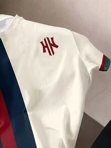 Teen Boy Casual Minimalist Short Sleeve Crew Neck T-Shirt, Suitable For Summer, Classic Striped Pattern Print, Delicate Small Logo Pattern Print - Multicolor - View 4