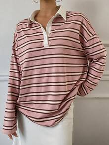 DAZY 對比色條紋寬鬆長褲休閒日常韓風春夏女款T恤 - 粉色 - 查看 6