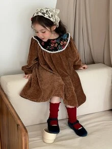 DAZY Infant (Girl) Round Neck Color Block Long Sleeve Autumn/Winter Dress - Coffee Brown - View 1
