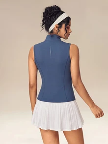 OutZeal Women Sports Tank Gym Workout Slim Fit Stand Collar Zip Up Vest Summer - Navy Blue - View 4