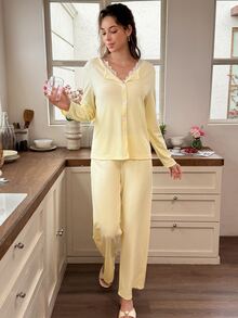 Snug Reverie Soft & Gentle Solid Color Lace Trim Loungewear Set, Fashion Button-Up Cardigan Long Sleeve Pants Pajamas - Ginger - View 3