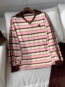 Comfortcana 女款秋冬保暖內裡拼色織帶飾邊刺繡寬鬆版型 Polo 領運動衫，休閒女式上衣 - 彩色 - 查看 4