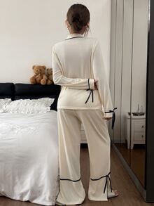 Napfluff Comfortable Ribbed Fabric Tie Bow Design Casual Outfit Set Classic Lapel Long Sleeve Long Pants Set - Apricot - View 2