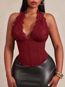 SHEIN SXY 黑色彈性蕾絲掛脖無袖性感女款上衣 - 酒紅色 - 查看 3