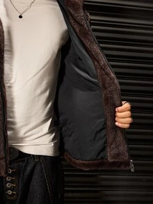 ROMWE MEN Men's Coffee Faux Fur Zipper Stand Collar Jacket - Coffee Brown - View 10