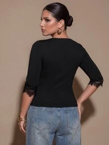 SHEIN BAE CURVE Plus Size Women's Sexy Square Neck Lace Fitted Long Sleeve Top With Lace Trim, Bow Detail On Chest , Cropped Cut Black Casual,Thanksgiving,Basics Top - Black - View 8
