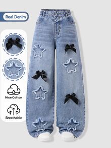 Girls' Autumn Star Patch & Bow Decor Wide Leg Denim Jeans, Light Blue Washed Frayed Hem, Sweet Cool Personalized Loose Long Pants For School And Outings - Light Wash - View 4