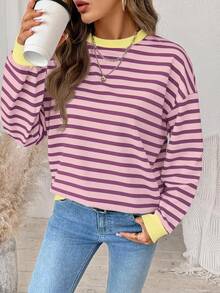 SHEIN LUNE 休閒極簡復古優雅通勤百搭暖粉色條紋印花女款圓領長袖寬鬆夏季衛衣，沙灘度假穿搭 - 白色 - 查看 4