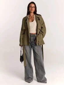 SHEIN BAE Women's Stand Collar Belted Solid Color Jacket, Urban Renaissance Street Style, Casual Fashion Creative Personalized Streetwear - Green - View 3