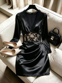 SHEIN Quần áo mùa thu cho nữ, váy ngắn nữ - màu đen - Xem 3