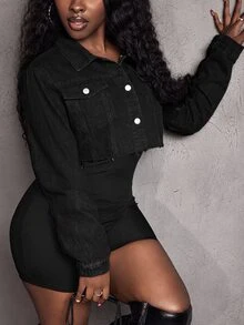 Women's Plus Size Long Sleeve Denim Jacket - Black - View 3