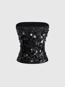 ROMWE Avant Women's Sequin Tube Top Crop Top For Party - Black - View 2